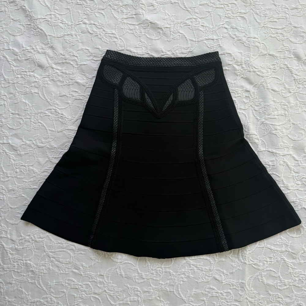 Herve Leger Black A-Line Skirt Faux Snakeskin Pattern Small